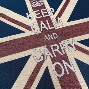 KEEP CALM Crown Union Jack Flag Retro Linen Look Heavy Jacquard Gobelin Upholstery Cushion Panel Fabric UK Banner 70x70cm or 27''x27''