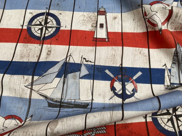 Blue & Red Marine Striped Fabric Curtains Upholstery Dress Material Nautical Stripes - 140cm or 55" Wide Canvas