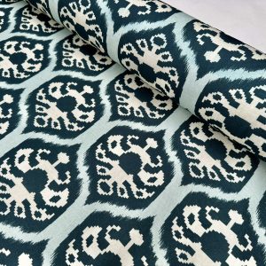 Duck Blue Ikat Floral Fan Damask Flower Fabric Geometric Paisley Cotton Material Curtain Upholstery Home Decor - 113"/288cm EXTRA Wide