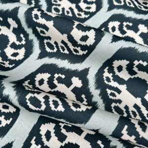 Duck Blue Ikat Floral Fan Damask Flower Fabric Geometric Paisley Cotton Material Curtain Upholstery Home Decor - 56"/144cm Wide