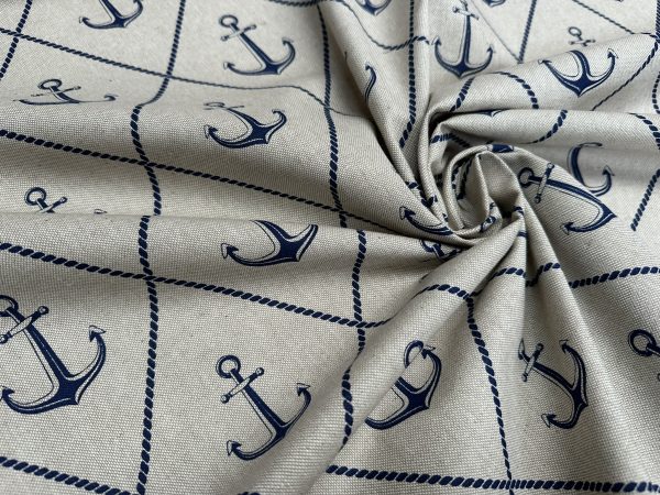 Anchor Hope Nautical Fabric Linen Look Marine Print - Curtain Upholstery Material - 140cm or 55" Wide Canvas - Image 2