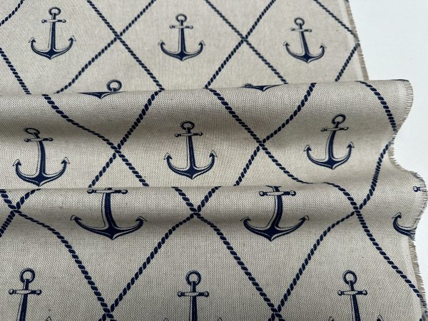 Anchor Hope Nautical Fabric Linen Look Marine Print - Curtain Upholstery Material - 140cm or 55" Wide Canvas