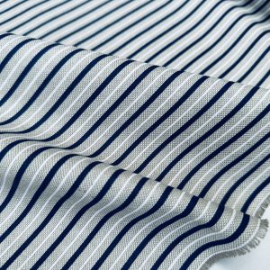 Nautical Candy Stripes Fabric Linen Look Marine Print - Curtain Upholstery Material - 140cm or 55" Wide - Blue and Cream, White Stripe