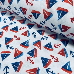 Small Sailboats Nautical Fabric for Home Decor Curtains Upholstery Dresses Marine Anchor Yacht Material - 140cm or 55" Wide - Blue & Red