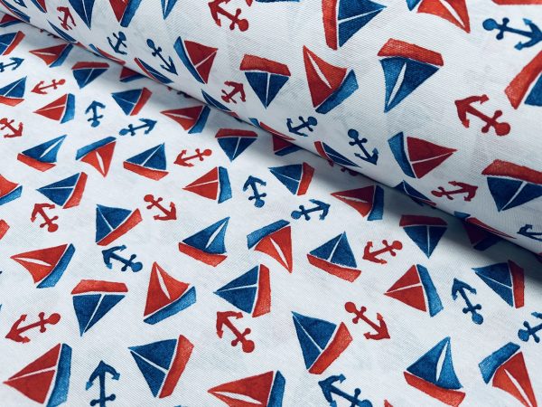 Small Sailboats Nautical Fabric for Home Decor Curtains Upholstery Dresses Marine Anchor Yacht Material - 280cm or 110" Wide - Blue & Red - Image 5