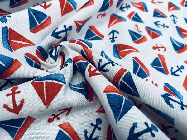 Small Sailboats Nautical Fabric for Home Decor Curtains Upholstery Dresses Marine Anchor Yacht Material - 280cm or 110" Wide - Blue & Red - Image 3