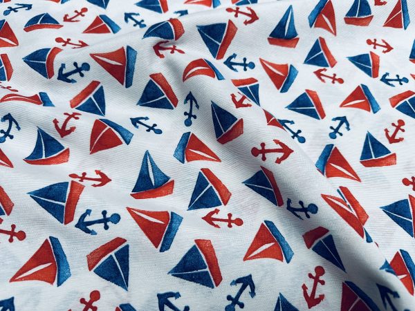 Small Sailboats Nautical Fabric for Home Decor Curtains Upholstery Dresses Marine Anchor Yacht Material - 280cm or 110" Wide - Blue & Red - Image 4