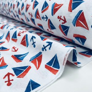 Small Sailboats Nautical Fabric for Home Decor Curtains Upholstery Dresses Marine Anchor Yacht Material - 280cm or 110" Wide - Blue & Red