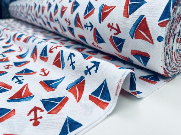 Small Sailboats Nautical Fabric for Home Decor Curtains Upholstery Dresses Marine Anchor Yacht Material - 280cm or 110" Wide - Blue & Red