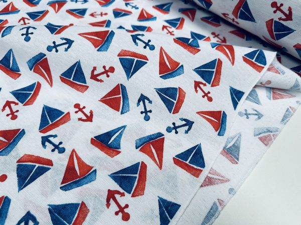 Small Sailboats Nautical Fabric for Home Decor Curtains Upholstery Dresses Marine Anchor Yacht Material - 280cm or 110" Wide - Blue & Red - Image 2