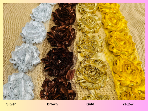 Shiny Metallic Shabby Chiffon Flower Trim Frayed Hair Rose Bridal Flowers - Sold by the YARD - Image 22