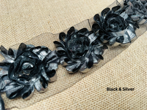 Shiny Metallic Shabby Chiffon Flower Trim Frayed Hair Rose Bridal Flowers - Sold by the YARD - Image 15