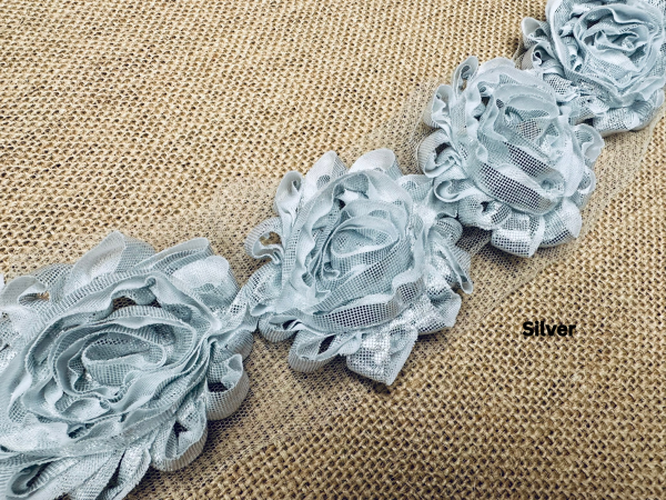 Shiny Metallic Shabby Chiffon Flower Trim Frayed Hair Rose Bridal Flowers - Sold by the YARD - Image 5