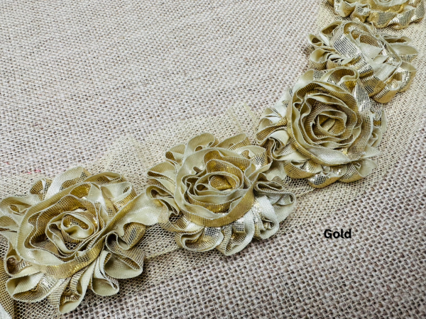 Shiny Metallic Shabby Chiffon Flower Trim Frayed Hair Rose Bridal Flowers - Sold by the YARD - Image 2