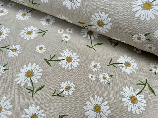 Daisy Floral Print Fabric Linen Look Home Decor Curtain Upholstery Culla Yellow Chamomile Material - 55"/140cm Wide Canvas - Image 4