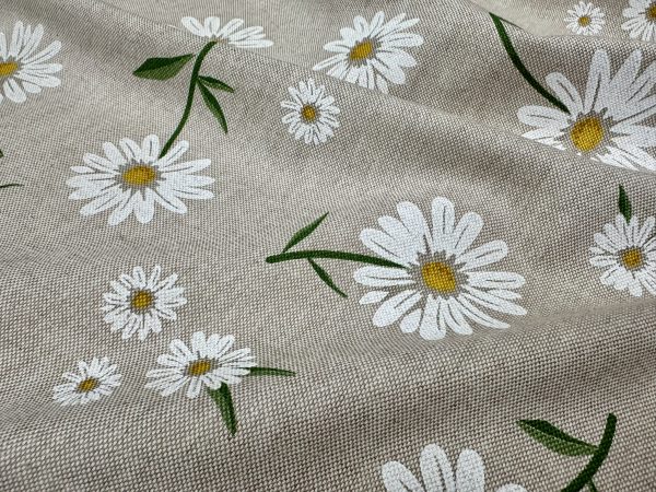 Daisy Floral Print Fabric Linen Look Home Decor Curtain Upholstery Culla Yellow Chamomile Material - 55"/140cm Wide Canvas - Image 2