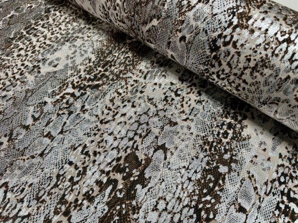 Metallic Snake Skin Print Python Leopard Animal Fabric Linen Look Cotton Blend Curtain Decor Dress - 55"/140cm wide - Silver - Image 3