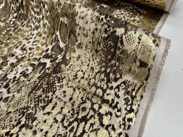 Metallic Snake Skin Print Python Leopard Animal Fabric Linen Look Cotton Blend Curtain Decor Dress - 55"/140cm wide - Gold - Image 8