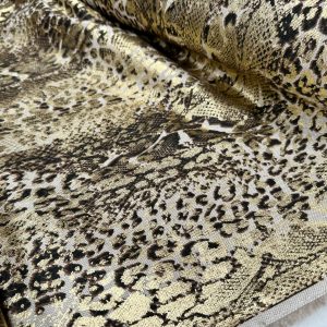 Metallic Snake Skin Print Python Leopard Animal Fabric Linen Look Cotton Blend Curtain Decor Dress - 55"/140cm wide - Gold