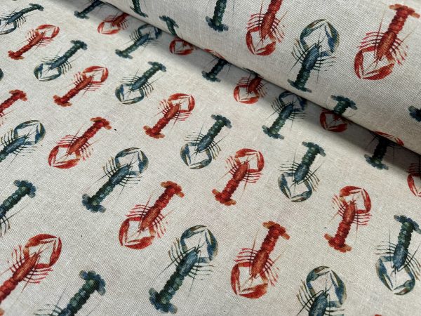 Red & Blue Lobster Print Fabric Curtains Upholstery Dress Material Nautical Marine - 140cm or 55" Wide Natural Canvas