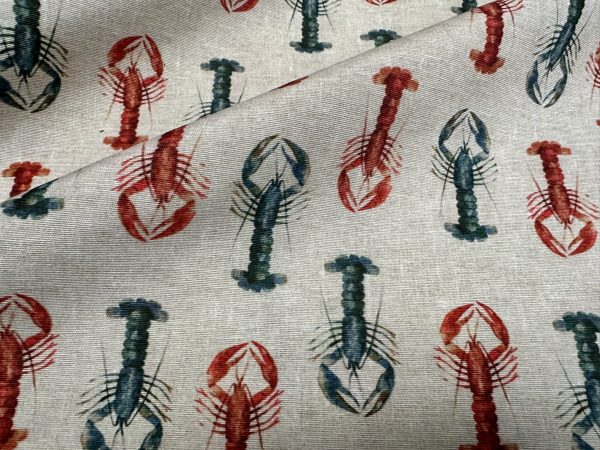 Red & Blue Lobster Print Fabric Curtains Upholstery Dress Material Nautical Marine - 140cm or 55" Wide Natural Canvas - Image 3