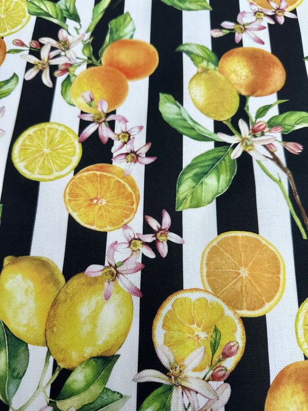 Citrus Stripes Fabric Home Decor Curtain UpholsteryBlack & White Stripe Orange Lemon Digital Print Material - 140cm or 55" Wide - Image 2