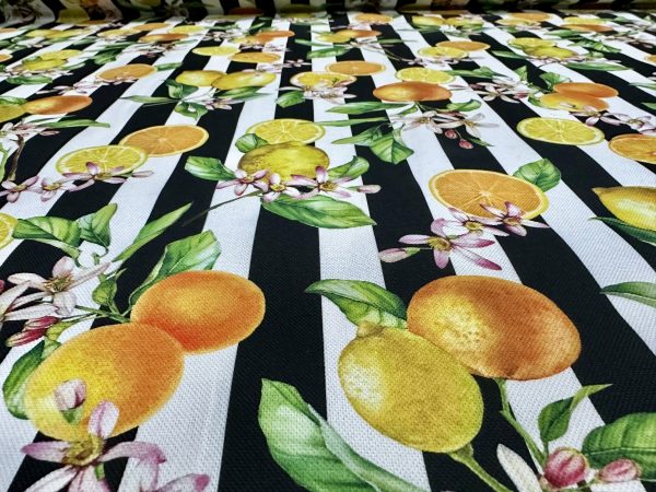 Citrus Stripes Fabric Home Decor Curtain UpholsteryBlack & White Stripe Orange Lemon Digital Print Material - 140cm or 55" Wide - Image 7