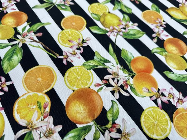 Citrus Stripes Fabric Home Decor Curtain UpholsteryBlack & White Stripe Orange Lemon Digital Print Material - 140cm or 55" Wide - Image 6