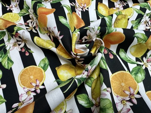 Citrus Stripes Fabric Home Decor Curtain UpholsteryBlack & White Stripe Orange Lemon Digital Print Material - 140cm or 55" Wide - Image 5