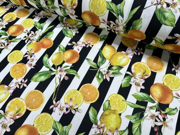 Citrus Stripes Fabric Home Decor Curtain UpholsteryBlack & White Stripe Orange Lemon Digital Print Material - 140cm or 55" Wide - Image 4