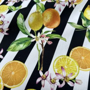 Citrus Stripes Fabric Home Decor Curtain UpholsteryBlack & White Stripe Orange Lemon Digital Print Material - 140cm or 55" Wide