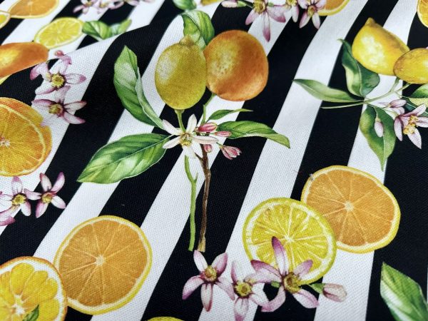 Citrus Stripes Fabric Home Decor Curtain UpholsteryBlack & White Stripe Orange Lemon Digital Print Material - 140cm or 55" Wide