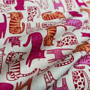 Lazy Cats Fabric Print Home Decor Linen Look Animal Cat Curtain Upholstery Material - 55" or 140cm Wide Canvas - Pink & Orange