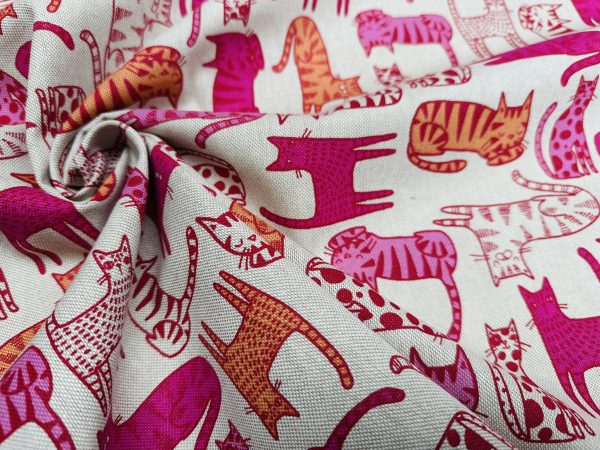 Lazy Cats Fabric Print Home Decor Linen Look Animal Cat Curtain Upholstery Material - 55" or 140cm Wide Canvas - Pink & Orange - Image 3