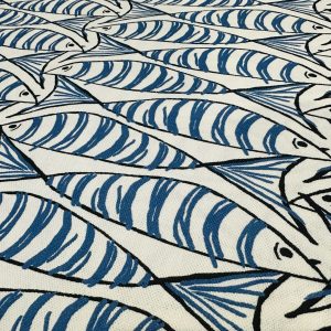 Sprats Blue Sardines Fish Fabric Marine White Digital Print Home Decor Curtain Upholstery Material - 140cm or 55" Wide