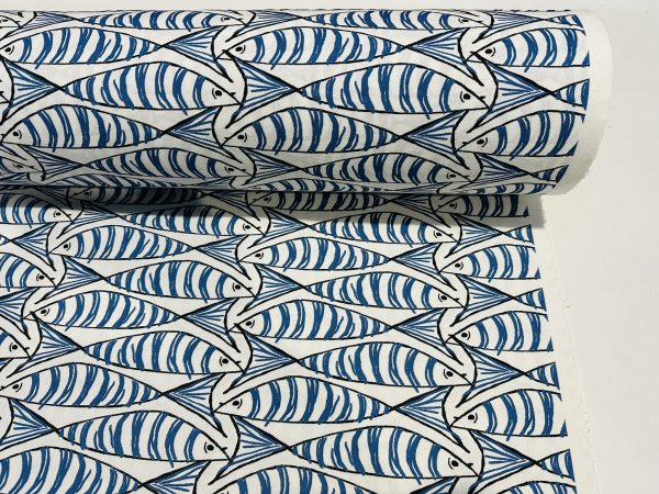 Sprats Blue Sardines Fish Fabric Marine White Digital Print Home Decor Curtain Upholstery Material - 140cm or 55" Wide - Image 4
