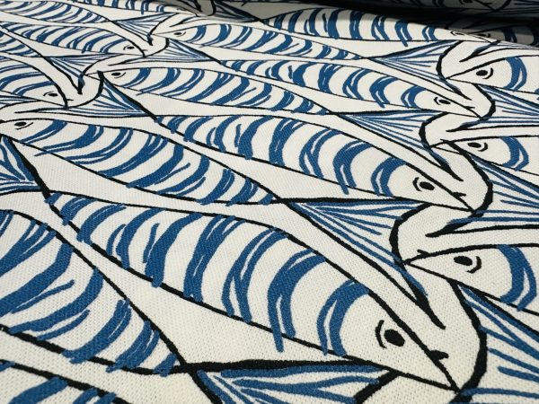 Sprats Blue Sardines Fish Fabric Marine White Digital Print Home Decor Curtain Upholstery Material - 140cm or 55" Wide - Image 3