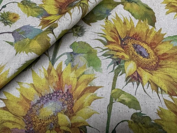 Sunflower Digital Print Fabric Linen Look Canvas Floral Yellow Flower Leaf Material Home Decor Cushions Curtains Crafts - 55"/140cm Wide