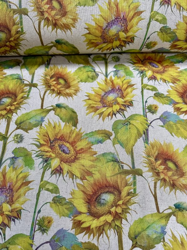 Sunflower Digital Print Fabric Linen Look Canvas Floral Yellow Flower Leaf Material Home Decor Cushions Curtains Crafts - 55"/140cm Wide - Image 3