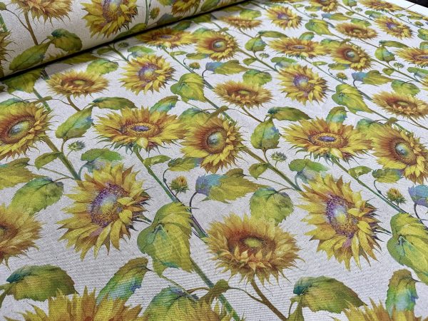 Sunflower Digital Print Fabric Linen Look Canvas Floral Yellow Flower Leaf Material Home Decor Cushions Curtains Crafts - 55"/140cm Wide - Image 2