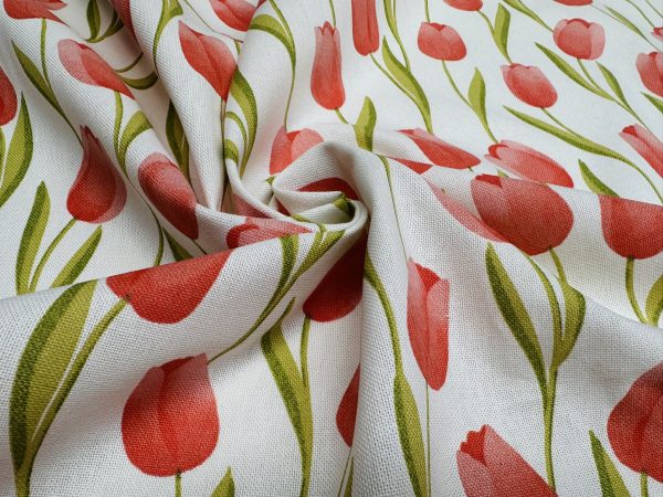 Spring Tulip Fabric Floral Print Home Decor Curtain Upholstery Material - 55" or 140cm Wide Canvas - Pastel Red - Image 4