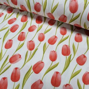 Spring Tulip Fabric Floral Print Home Decor Curtain Upholstery Material - 55" or 140cm Wide Canvas - Pastel Red