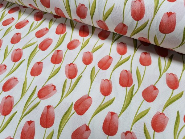 Spring Tulip Fabric Floral Print Home Decor Curtain Upholstery Material - 55" or 140cm Wide Canvas - Pastel Red