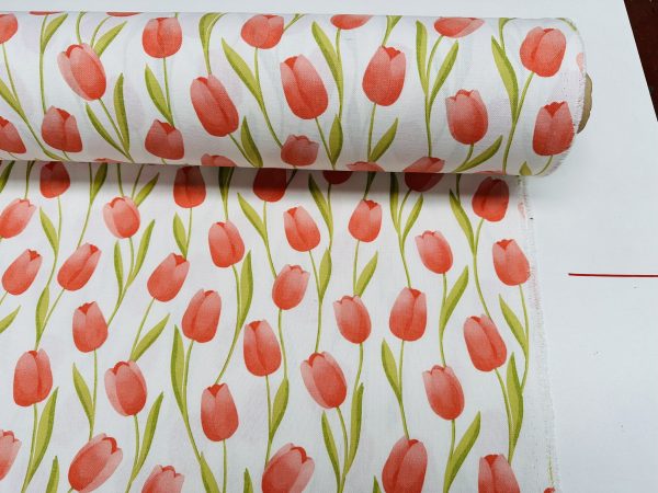 Spring Tulip Fabric Floral Print Home Decor Curtain Upholstery Material - 55" or 140cm Wide Canvas - Pastel Red - Image 2
