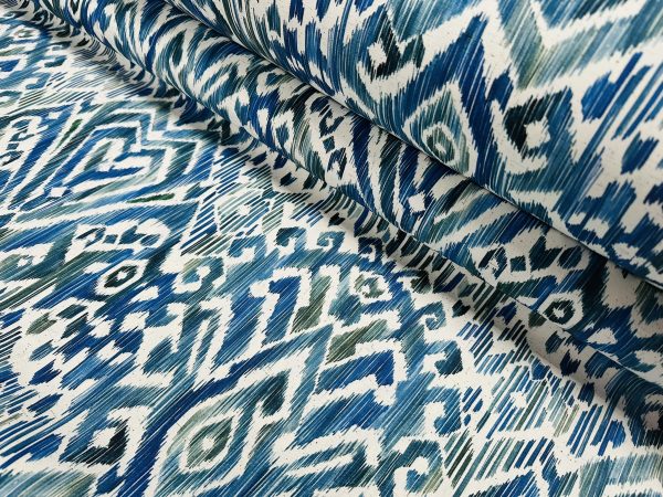 Blue & Green Ikat Floral Fan Damask Flower Fabric Geometric Paisley Cotton Material Curtains Cushion Upholstery Home Decor - 110"/280cm Wide - Image 7