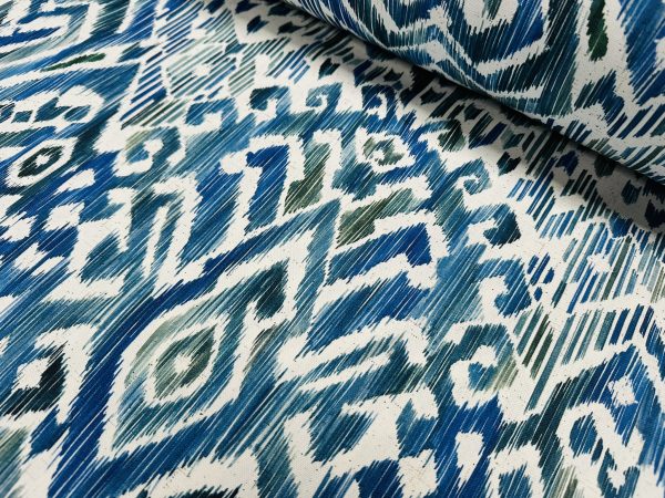 Blue & Green Ikat Floral Fan Damask Flower Fabric Geometric Paisley Cotton Material Curtains Cushion Upholstery Home Decor - 110"/280cm Wide - Image 6