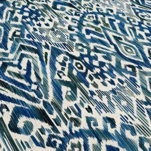 Blue & Green Ikat Floral Fan Damask Flower Fabric Geometric Paisley Cotton Material Curtains Cushion Upholstery Home Decor - 110"/280cm Wide