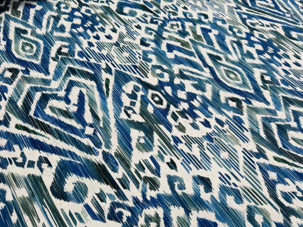 Blue & Green Ikat Floral Fan Damask Flower Fabric Geometric Paisley Cotton Material Curtains Cushion Upholstery Home Decor - 110"/280cm Wide