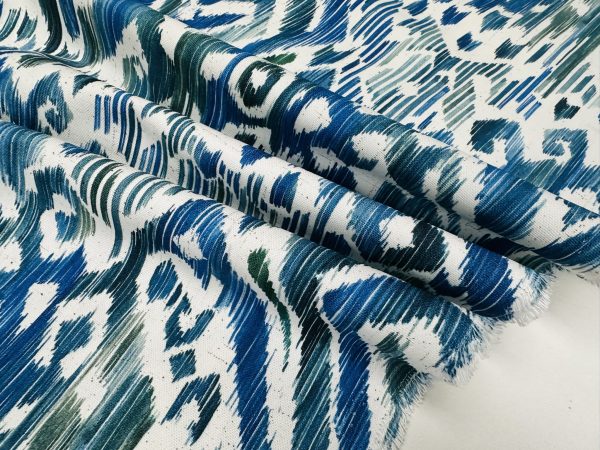 Blue & Green Ikat Floral Fan Damask Flower Fabric Geometric Paisley Cotton Material Curtains Cushion Upholstery Home Decor - 110"/280cm Wide - Image 4