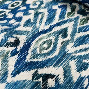 Blue & Green Ikat Floral Fan Damask Flower Fabric Geometric Paisley Cotton Material Curtains Cushions Upholstery Home Decor - 55"/140cm Wide